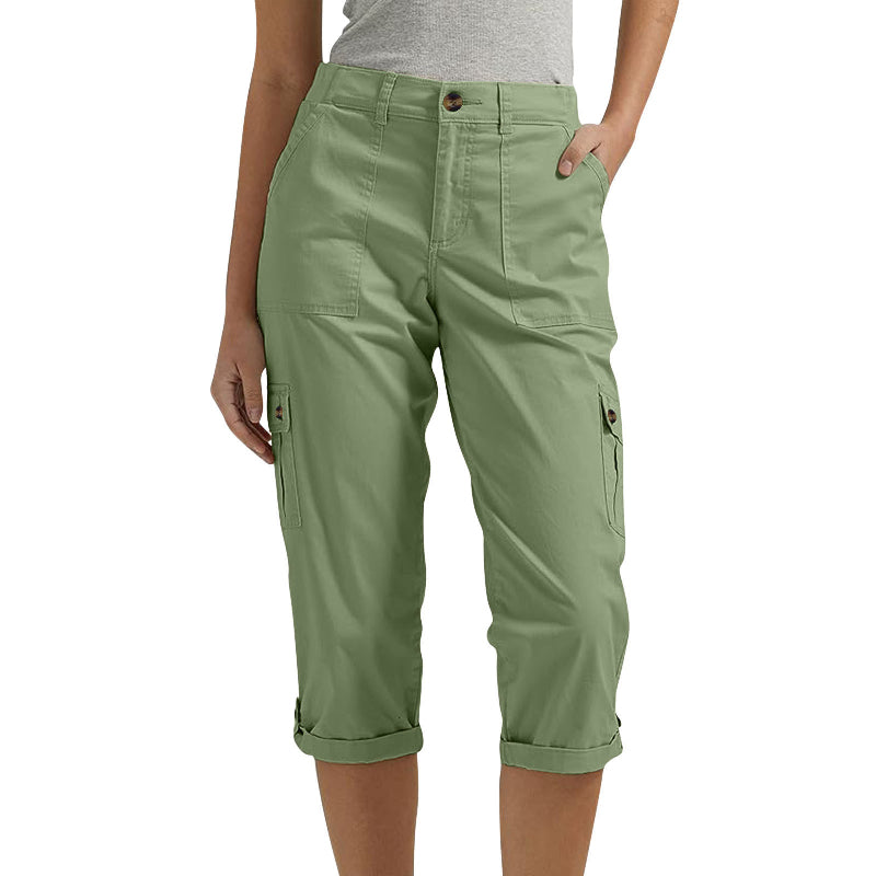 Multi-Pocket Solid Color Casual Cargo Capri Pants
